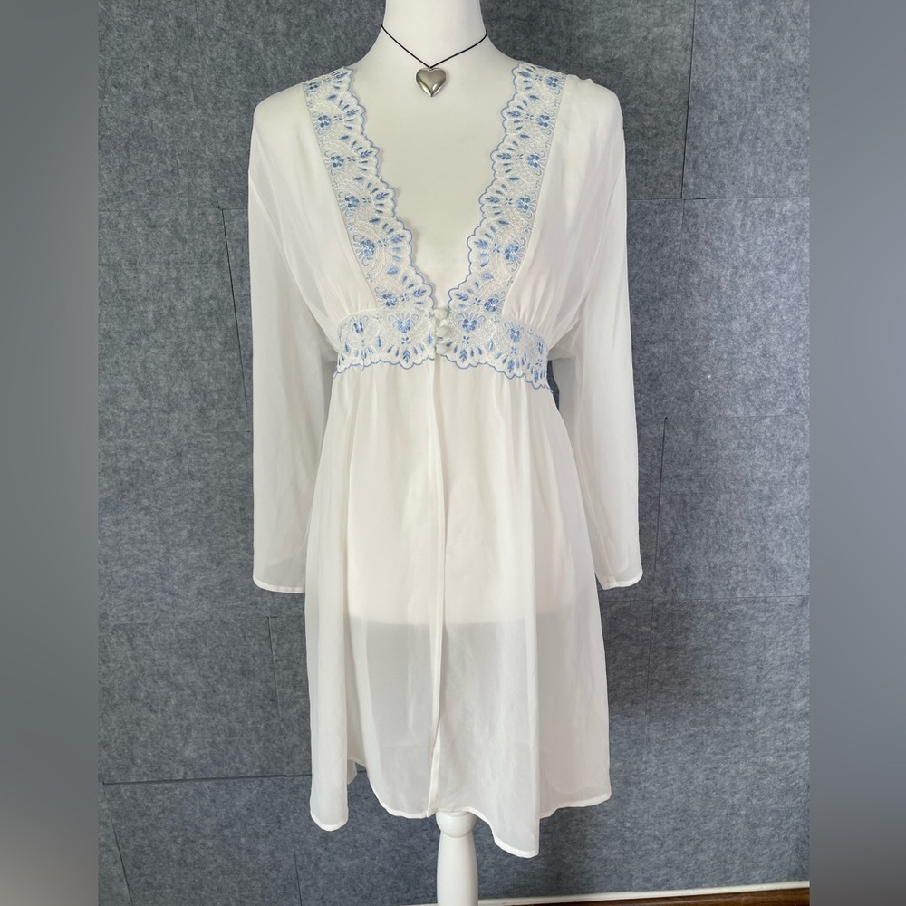 Linea Donatella White Chiffon Babydoll Blue Floral Embroidery coquette bridal